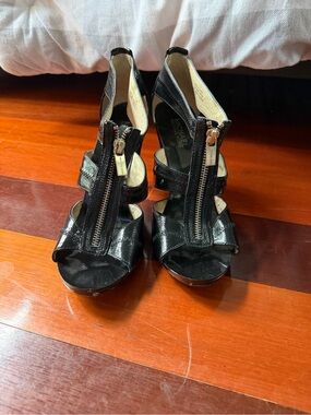 Michael Kors Black Patent Leather Front-Zip High Heel Sandals
